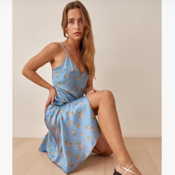 Reformation Blue Floral Slip Midi Dress Silk - Picture 2 of 9